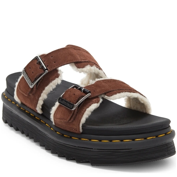 Dr. Martens Myles Faux Fur Platform Sandal Dark Brown - Picture 1 of 17